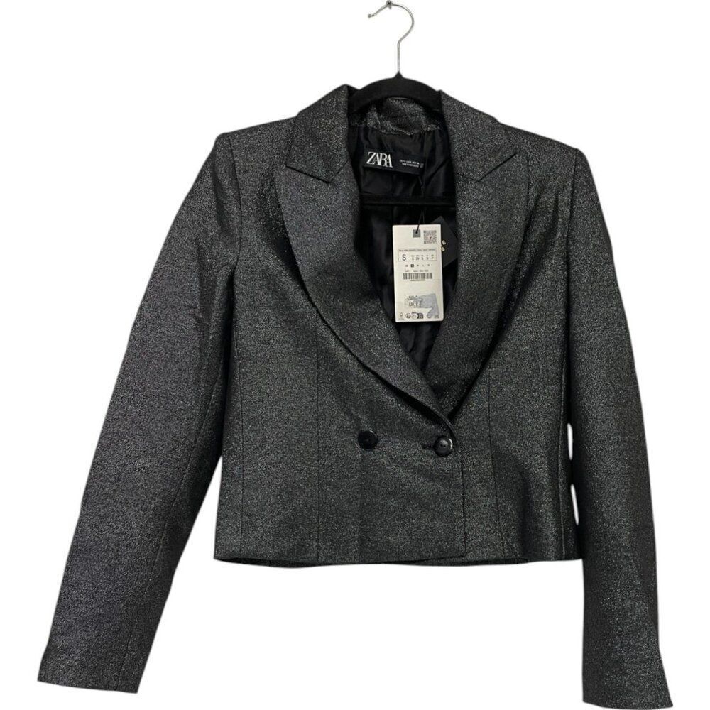 Zara Womens Blazer Suit Jacket Black Silver S Small Shimmer 9484/569 NWT